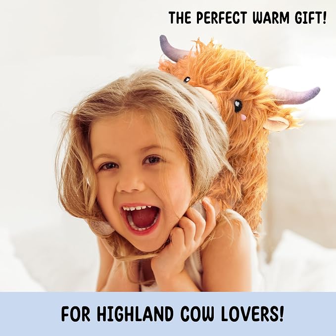 Happy Fuel Highland Cow Microwavable 1.5lbs Unscented Heating Pad for Women & Kids- Cute Soft Cozy Pillow Plush Heatable Warm Stuffed Animals- Kawaii Hot & Cold Plushie Toy- Cow Gifts for Girls & Boys