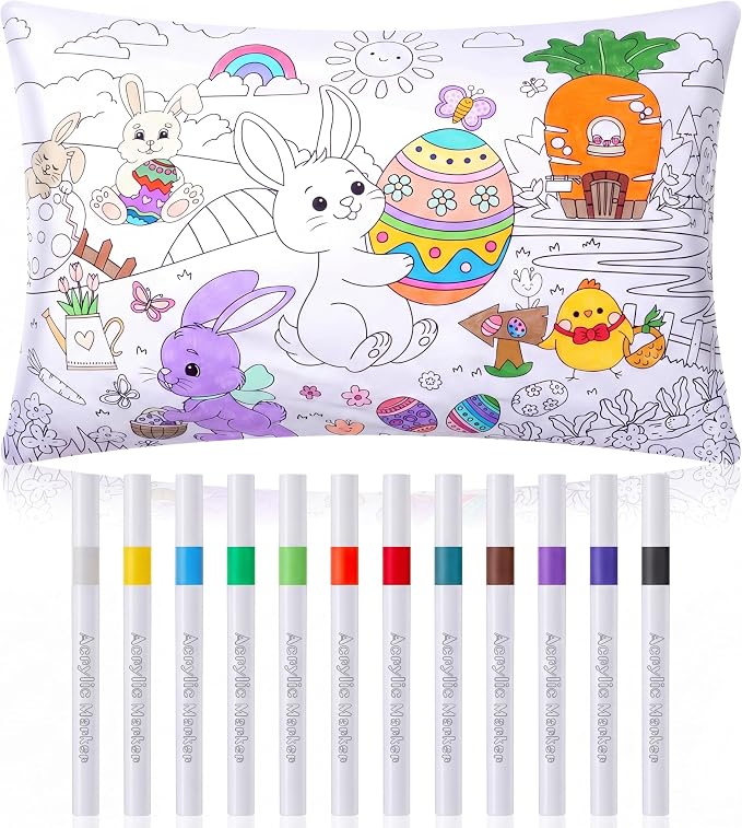 Mindsoft Coloring Craft Coloring Pillowcase Easter Bunny Pillowcase with 12 Pcs Markers Pens for Decoration Supplies Craft, 28.7 x 19.7 Inch