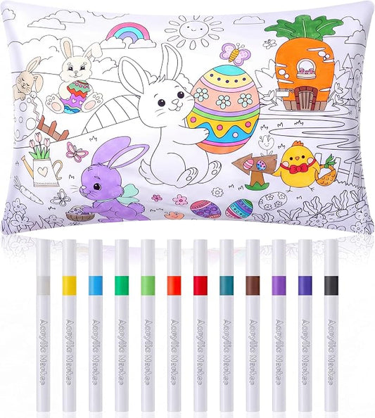 Mindsoft Coloring Craft Coloring Pillowcase Easter Bunny Pillowcase with 12 Pcs Markers Pens for Decoration Supplies Craft, 28.7 x 19.7 Inch