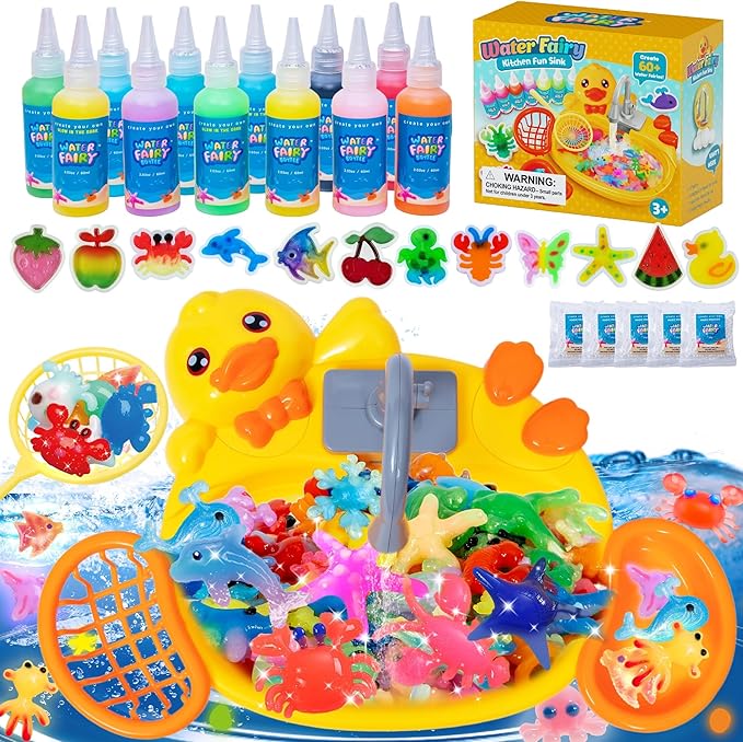 Glow in The Dark Magic Water Elf, Yellow Duck Pool Toy with 12 Aqua Molds,12 Gels to Create Squishy Water Pets, DIY Water Fairy Sensory Toys, Kids STEM Crafts Water Animals, Christmas Birthday Gift