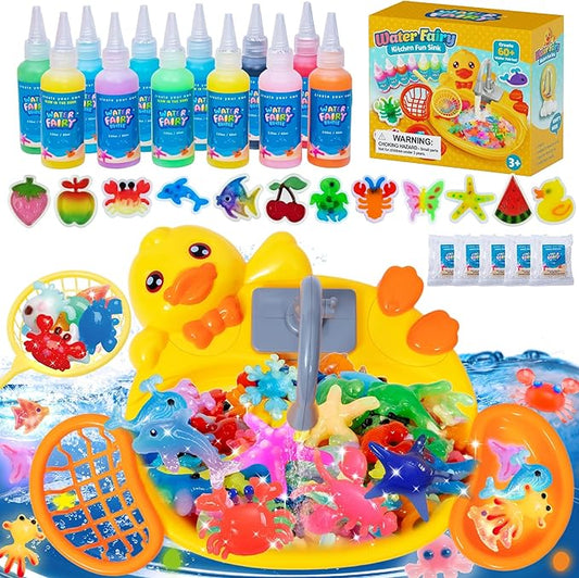 Glow in The Dark Magic Water Elf, Yellow Duck Pool Toy with 12 Aqua Molds,12 Gels to Create Squishy Water Pets, DIY Water Fairy Sensory Toys, Kids STEM Crafts Water Animals, Christmas Birthday Gift
