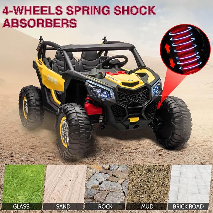 24V 2-Seater UTV Ride on Toy with Remote Control – Powerful 4WD Electric Vehicle Features 4 Shock Absorbers, Leather Seats, Music, and Lights. Designed As a 24V Ride-on Toy for Big Kids