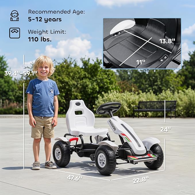 Aosom Kids Pedal Go Kart, Outdoor Ride on Toys with Adjustable Seat, Sharp Handling, Handbrake, 4 Non-Slip Rubber Wheels for Boys & Girls Aged 5-12 Years Old, White