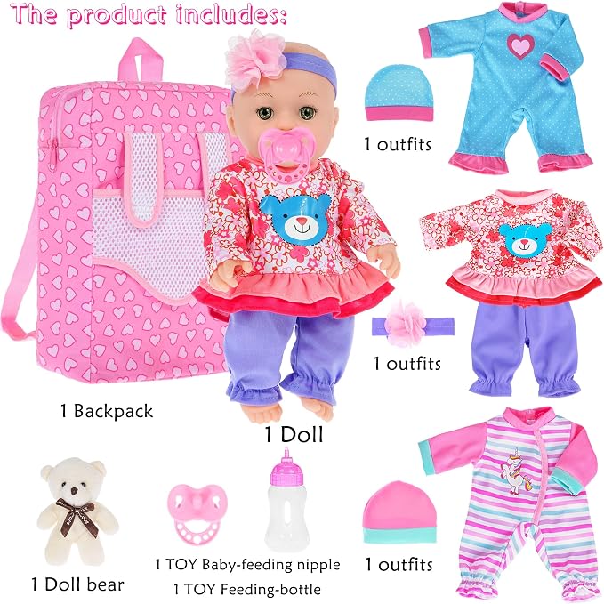 ebuddy 12 inch Baby Doll and Accessories-Reborn Baby Dolls Real Life Baby Dolls with 3 Sets Clothes,Backpack,Pacifier, Bottle