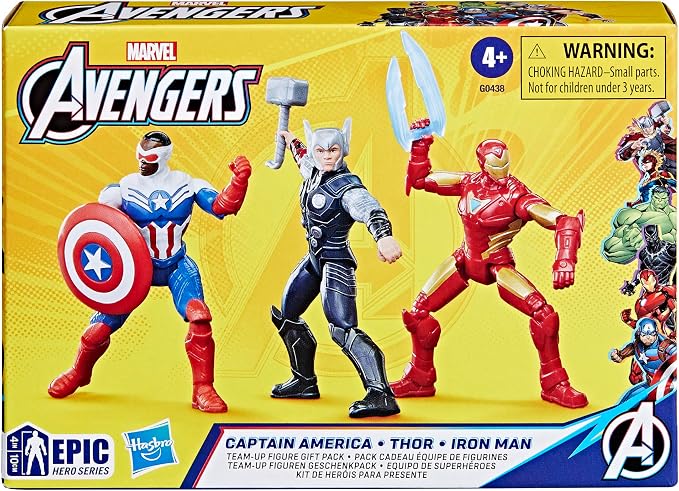 Marvel Avengers Epic Hero Series Team-Up Gift Pack, 4-Inch-Scale (10cm) Captain America, Thor, Iron Man Action Figures, Toys for Kids Ages 4 and Up (Amazon Exclusive)