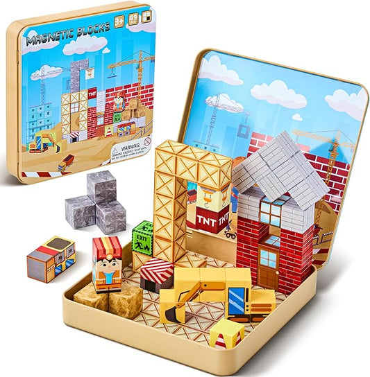 49PCS Magnetic Blocks with Iron Storage Box, Magnetic Cubes Tiles, STEM Educational Stacking Magnets Travel Toys for Kid Ages 3 4 5 6 7 8 9 10 11 Birthday Party Supplies Gifts for Boys Girls