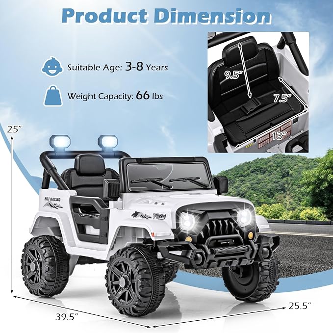 OLAKIDS Ride on Truck, 12V Battery Powered Electric Vehicle for Kids with Remote Control, Bluetooth, Power Display, LED Lights, Music Player, Ride on Toy for 3+ Boys Girls (White)