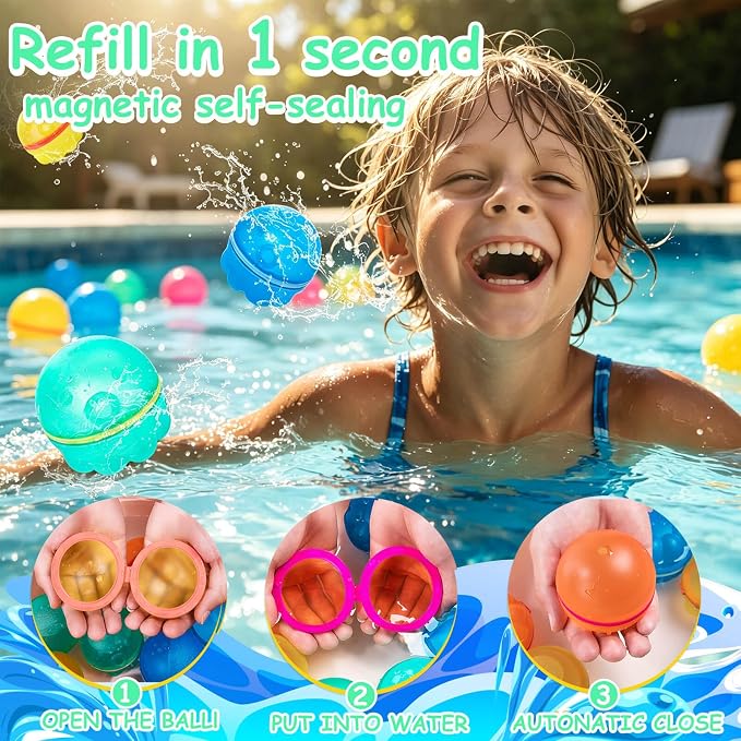 Reusable Water Balloons 16PCS: Summer Water Toys for Pool Beach & Outdoor,Magnetic Splash Balls for Kids Fun Games & Activities,Self-Sealing Refillable Water Bombs for Kids Ages 3-14