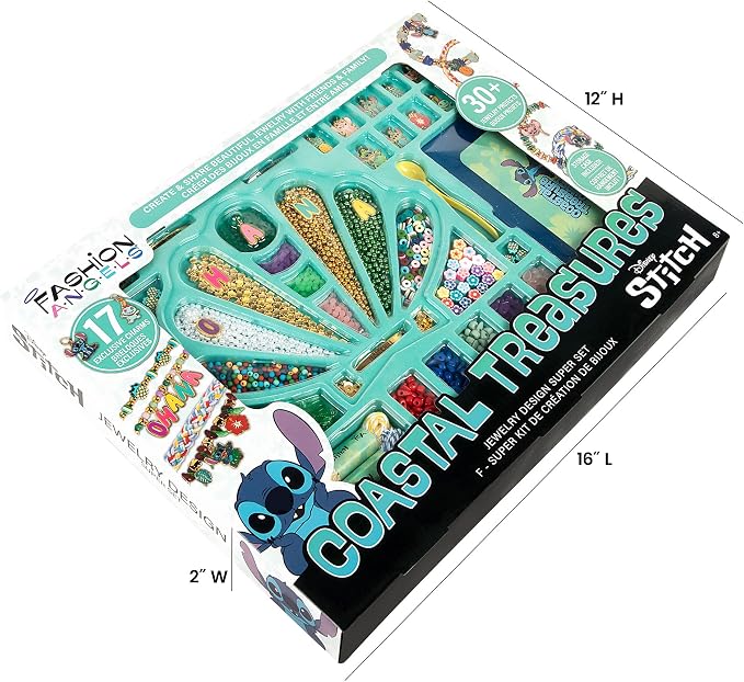 Fashion Angels Disney Stitch Coastal Treasures Jewelry Design Super Set, Includes Shell-Shaped Tray, Enamel Charms & More, DIY Creative Making Kit for Kids