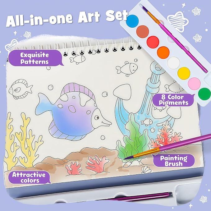 Watercolor Painting Coloring Books, Paint with Water Arts & Crafts Kit for Kids, Travel Activities Art Supplies Party Favors Exchange Birthday Gifts for Boys Girls, Spiral-Bound (Marine)