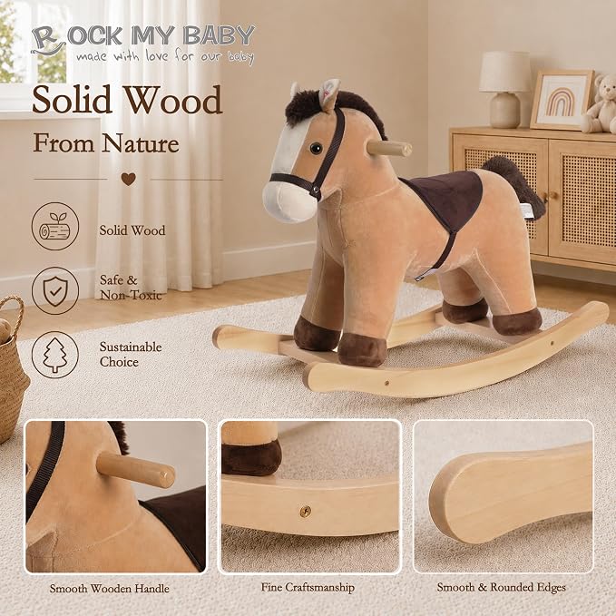 Rock My Baby Rocking Horse, Rocking Animal with Realistic Sound, Stuffed Rocker for Toddlers 18M+, Soft Filling Ride on Pony, Light Brown Horse, CPC Certified