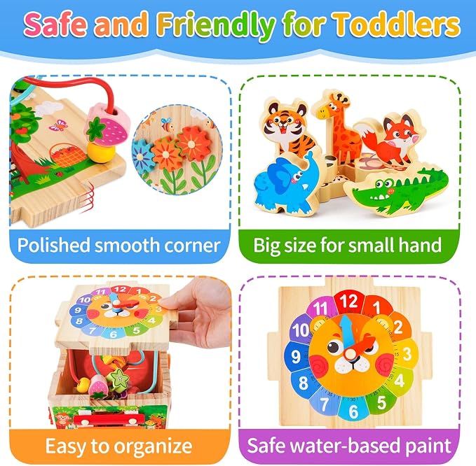 KMTJT Wooden Activity Cube Toddler Toys 12-18 Months, 7-in-1 Montessori Learning Toys for 1 2 Year Old Boys Girls, Bead Maze Sensory Toy, First 1st Birthday Gifts with Sorting & Stacking Board (Pink)