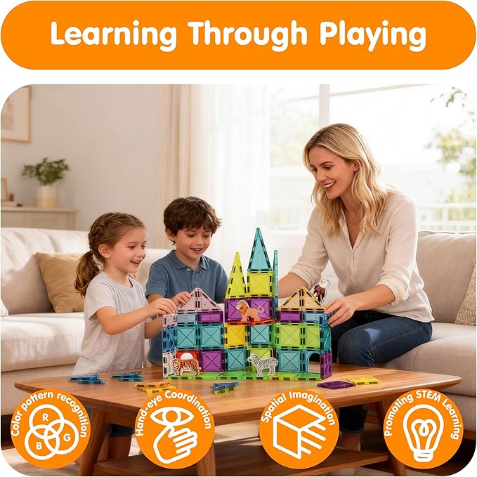 Magnetic Tiles for Kids 62PCS Magnet Animals Tiles Building with Storage Bag Set for Toddler Construction STEM Tiles Micro Toys Gifts for Ages 3-8 Preschool Boys Girls Birthday Christmas