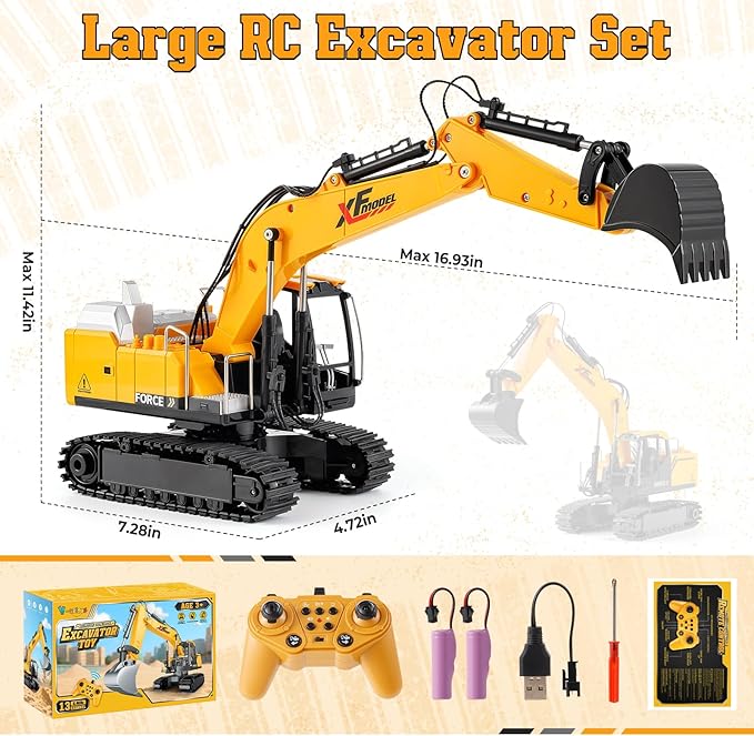 V-Opitos RC Excavator Toys for Boys Age 3, 4, 5, 6, 7, 8, 9, 10+ Years Old, 13CH Excavable Remote Control Construction Toys with Alloy Shovel/Lights/Sounds, Ideal Christmas Birthday Gifts for Kids