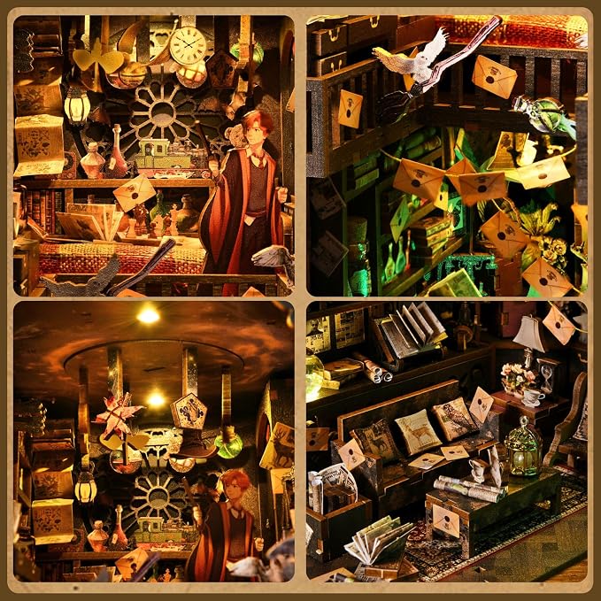 Book Nook Kit for Adults and Teens DIY 3D Wooden Puzzle Bookends, Miniature Dollhouse Kit Bookshelf Decoration, Magic Alley Model with LED Lights,The House of Magic