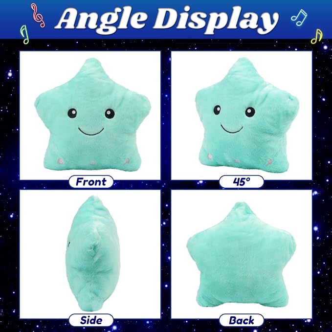 13" Musical Green Star Plush Pillow Glowing Twinkle Night Light Stuffed Animal LED Toys Adjustable Volume Birthday for Girls Boys