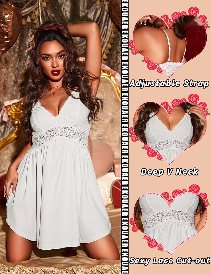 Ekouaer Lingerie for Women Sexy Nightgown Lace Trim Sleep Dress Chemise Nightgowns Sleeveless Night Gown Sleepwear S-3XL