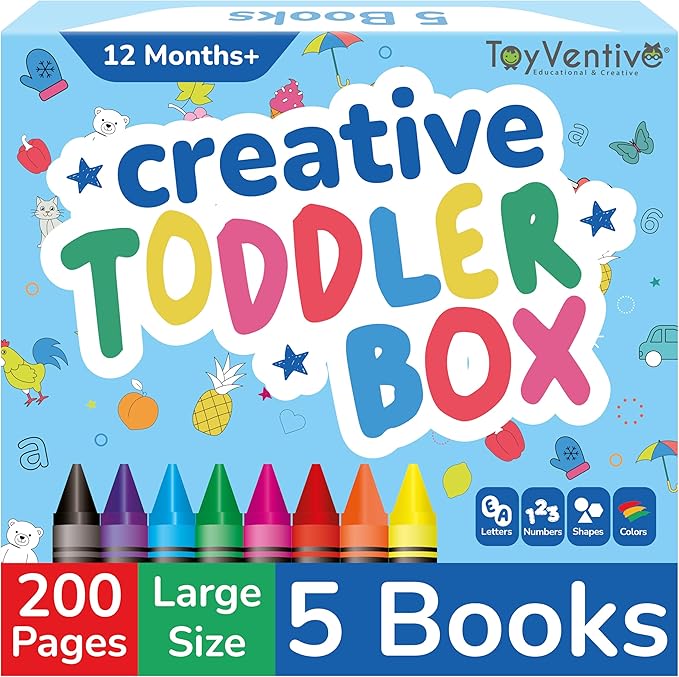 Coloring Books for Toddlers 1-3 with Large Pages & Crayons for Toddlers 1-3, Boys Coloring Book Set Featuring Letters, Numbers, Shapes, Animals & Food Activities, 2 Year Old Workbook Set in Blue Box