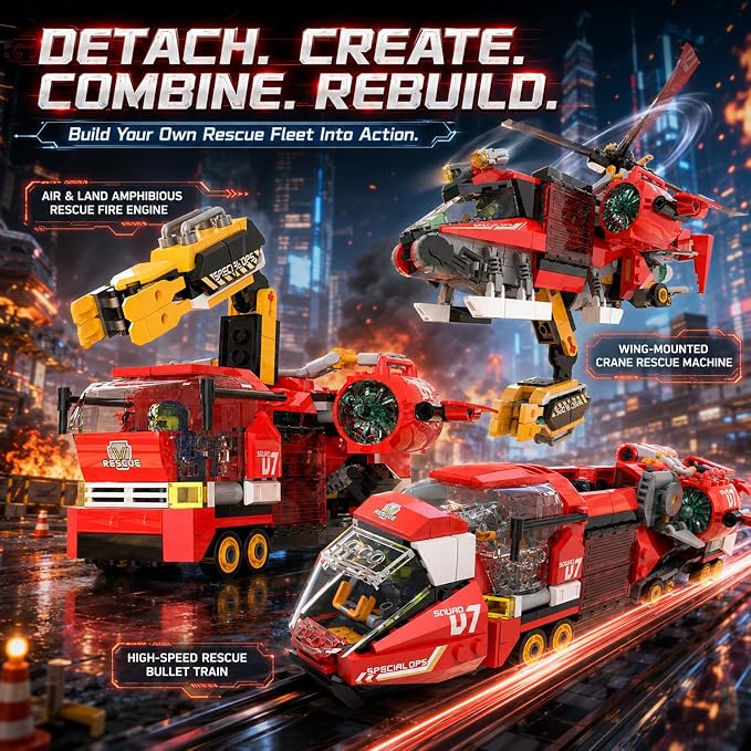 3 in 1 City Fire Rescue Building Sets, Compatible with Lego City, Fire Truck, Helicopter & Rescue Plane, 9 Rebuildable Modules, 3 Firefighter Figures, STEM Toys Gift for Kids Boys Age 8-12 + (879 PCS)