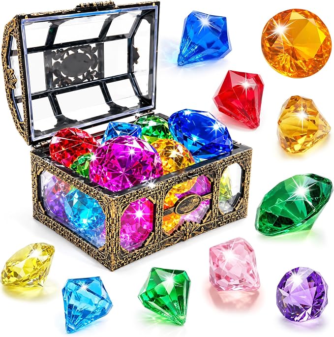 Swim Diving Games Pool Toys 17PCS Big Colorful Diamond Toy with Treasure Box Chest Summer Underwater Gemstone Outdoor Water Accessories for Kid Age 5 6 7 8 9 10 11 12 Year Old Girl Boy Stuff Fun Gift