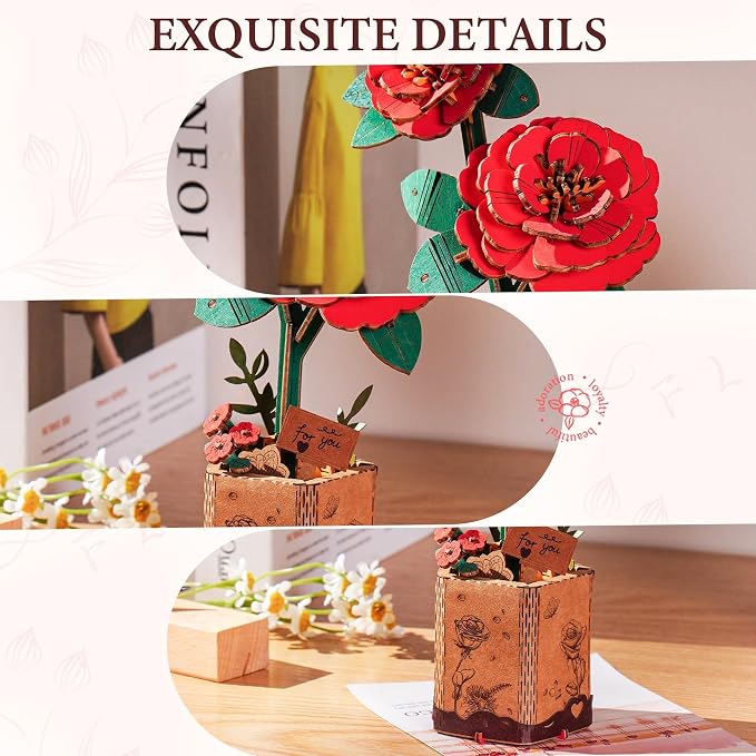 ROBOTIME 3D Puzzle Wooden Flower Red Camellia DIY Model Kit to Build for Adults Artifical Bouquet Collection Craft Brain Teaser Puzzle Creative Gift Home Decor