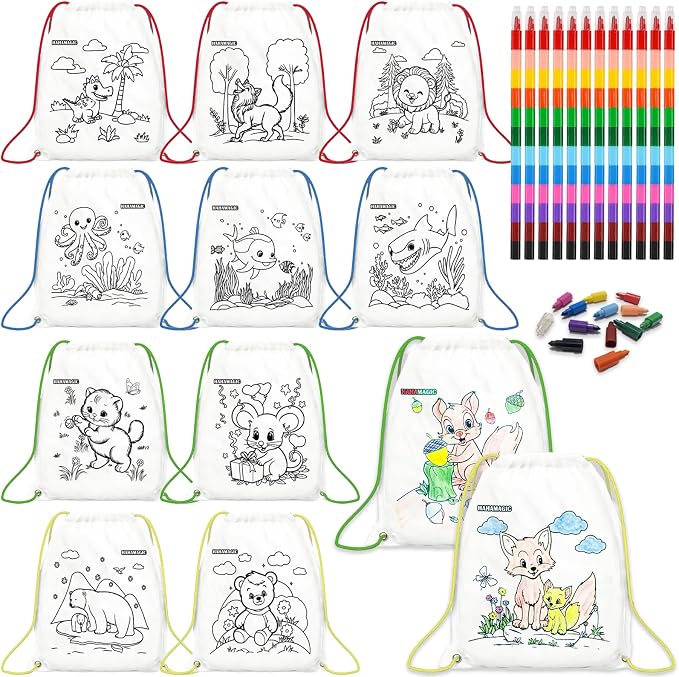 12 PCS colorable drawstring backpack for kids with 12 stackable crayons (12 colors in one), suitable as return gifts for kids, birthday goodie bags for kids and kids art party favor bags