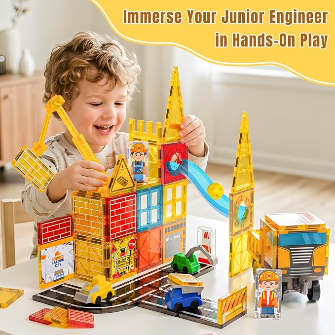 SKTMYY Magnetic Tiles Construction Toys with Road & Crane & Marble Run, Double-Sided Fire Station & Building Magnet Tiles for Kids Ages 4-8, STEM Magnetic Blocks Gifts for 3 4 5 6 7 8 Year Old Boys