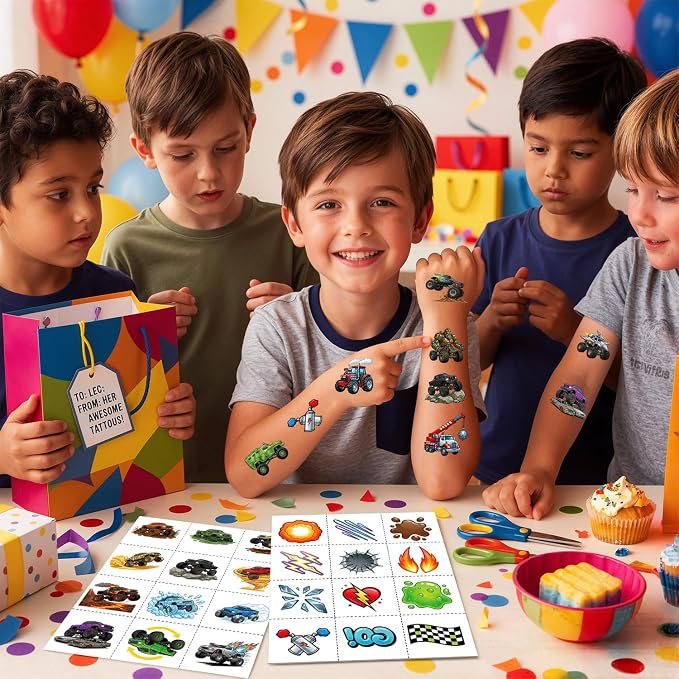 JCFIRE Monster Truck Temporary Tattoos for Kids Boys Age 4-7, Pre-cut Perforated No Scissors Needed, Diggers Construction Car Theme Birthday Party Favors Supplies Decorations Goodie Bag Stuffer