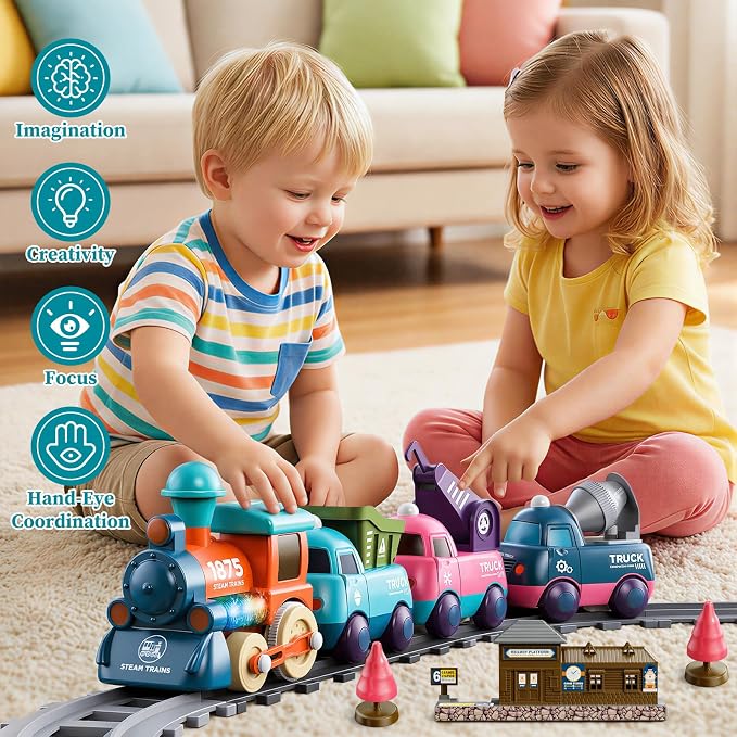 Lipneaed Train Set for Toddlers, Magnetic Train Toys for Toddlers 3+, 4pcs Trucks Toy Train for Boys and Girls, Birthday Christmas Toy Gifts for 3+ Years Old