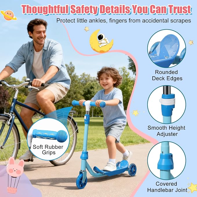 Kick Scooter for Kids Ages 3-7, Three Wheel Toddler Scooter with Handlebar Steering(No Lean),Height Adjustable, Light Up Rear Wheels, Indoor Outdoor Toy for Girls Boys, Holiday Birthday Gift