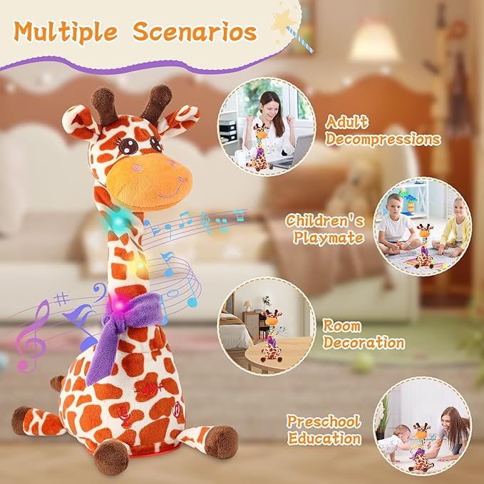 Dancing Talking Giraffe Toy, Stuffed Animal Baby Toy Repeating What You Say, Glowing Musical Giraffe Gifts for Toddlers 1-3 Years Old, for Kids (New Giraffe)