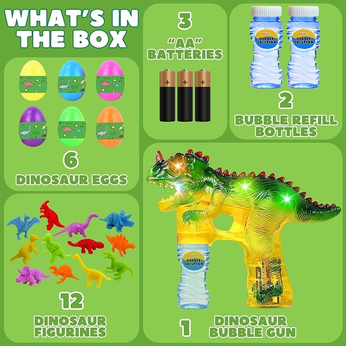 Haktoys Dinosaur Bubble Gun for Kids Automatic Bubble Machine Toy, Outdoor Bubble Maker Blower for Toddlers Boys Girls Backyard Play, 1 Pack with Figurines