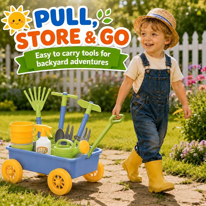 Liberty Imports Pull Along Garden Wagon and Gardening Tools Toy Play Set for Toddlers, Kids with Outdoor Tools, Plant Pots, Accessories