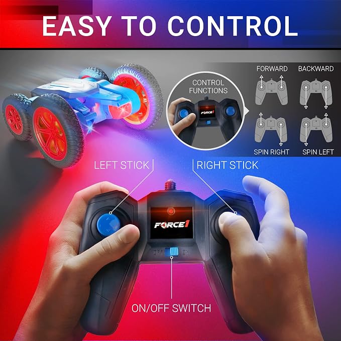Force1 Tornado Red LED Remote Control Car for Kids- Double Sided Driving Fast RC Cars 360 Flips, Outdoor 4WD Off Road Stunt RC Car, All Terrain Tires, RC Crawler Rechargeable Battery, 2.4GHz Remote
