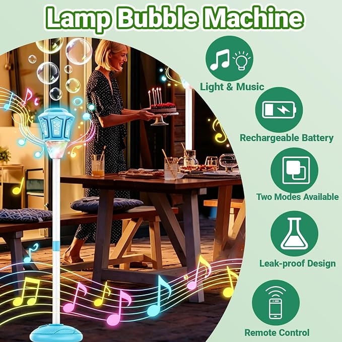 Automatic Bubble Machine for Kids, 47 Inch Vertical Adjustable Height & Handheld Bubble Blower, 10-Hole High Output Bubble Maker with Lights Music, Rechargeable Battery for Party Wedding Birthday