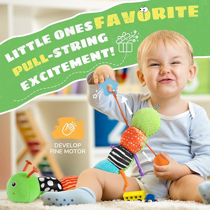 AWOTOY Baby Toys Sensory Music Caterpillar Stuffed Animal Infant Toys,Green | Teething Toys 0-3-6-12 Months Tummy Time with Mirror Crinkle Rattle&Pull String for Newborn Boys Girls Shower Gifts Birthday