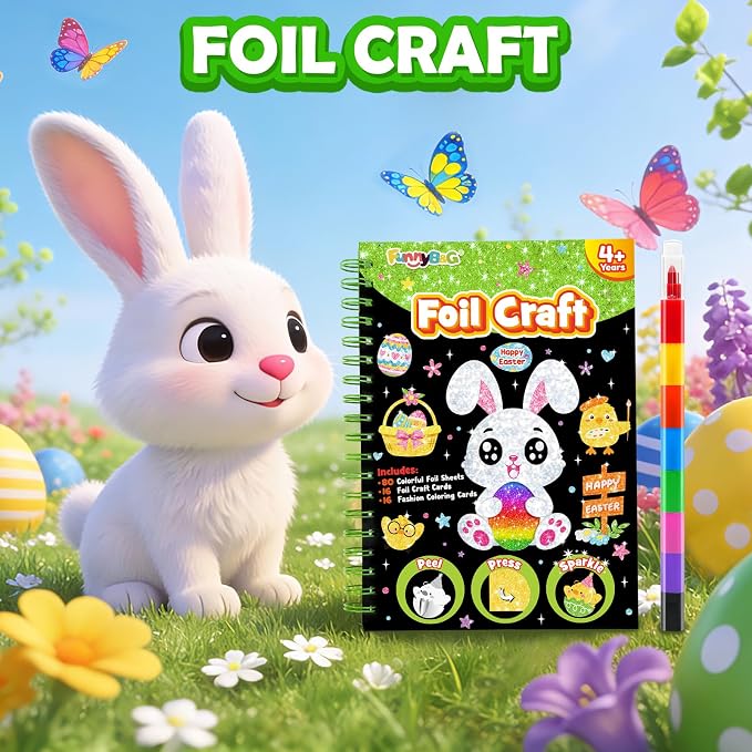 FUNNYB&G Foil Art Crafts for Kids Ages 4-8: Easter Basket Stuffers Essentials for Kids 2026, Easter Gifts for Kids, Crafts Supplies,Party Favors,Creative Toys for Kids 4 5 6 7 8 Years Old(Easter)