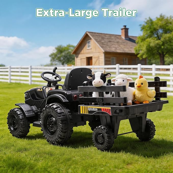 24V Kids Ride-On Tractor with Trailer, 400W Electric Farm Truck with Remote & Pedal Control, Headlights, USB MP3, Power Display, Adjustable Speeds, Safety Belt, Ride-On Toy Gift, Black