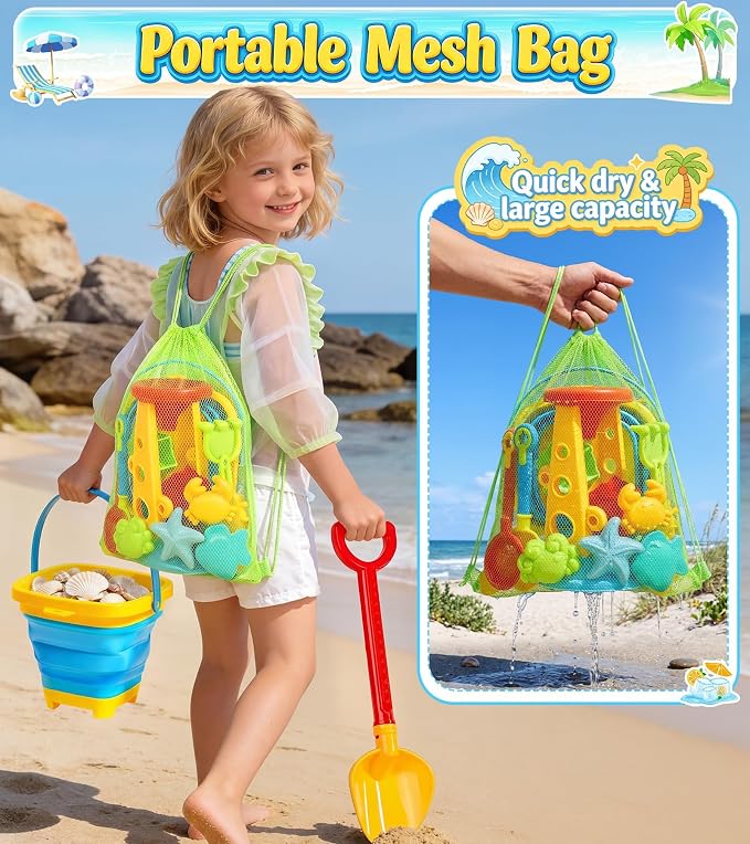 Collapsible Beach Sand Toys for Kids Toddlers, Collapsible Sand Bucket with Water Wheel Sifter Shovels Set with Mesh Bag and Sand Molds, Travel Beach Sandbox Toys for Boys Girls 3 4 5 6 7 8 9 10+