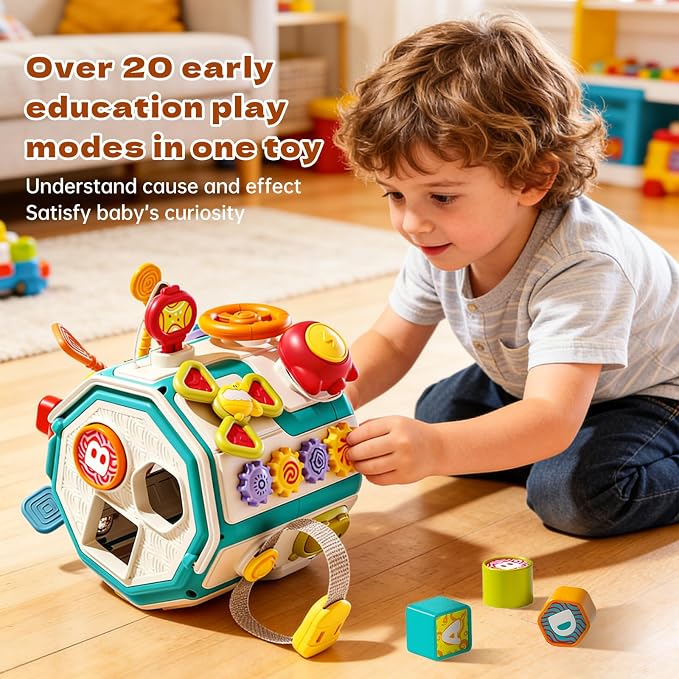 ZIYOSTAR 20-in-1 Busy Board Activity Cube, Educational Sensory Learning Toy for 1 2 3 Year Old Toddlers, Developmental Fine Motor Skills, Shape Sorter & Music Toys Gift for Boys Girls 1-3 Years Old