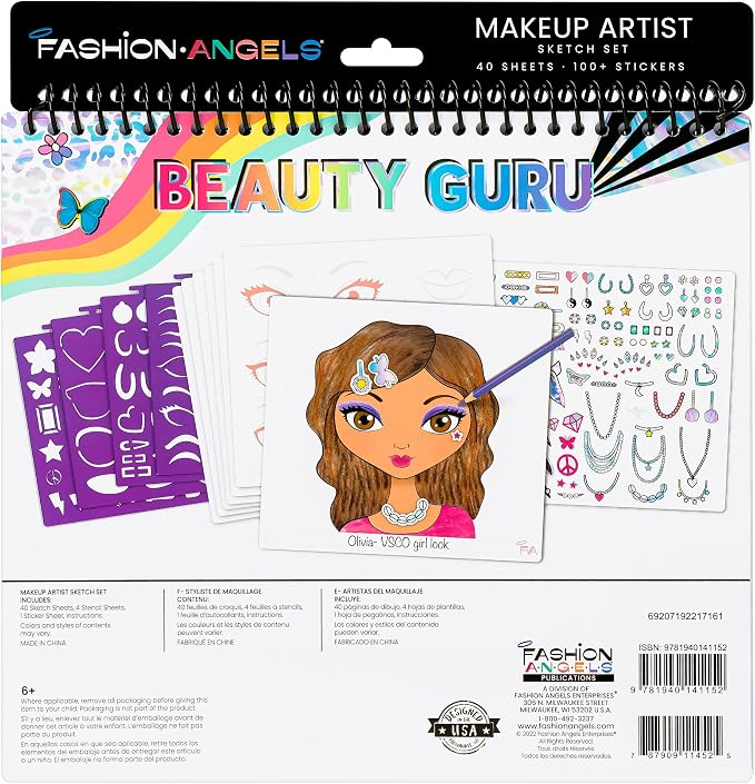Fashion Angels Make-up & Hair Design Sketch Portfolio, Includes 40 Sketch Sheets, 4 Stencil Sheets & Stickers, Sketchbook for Beginners & Kids Ages 6+