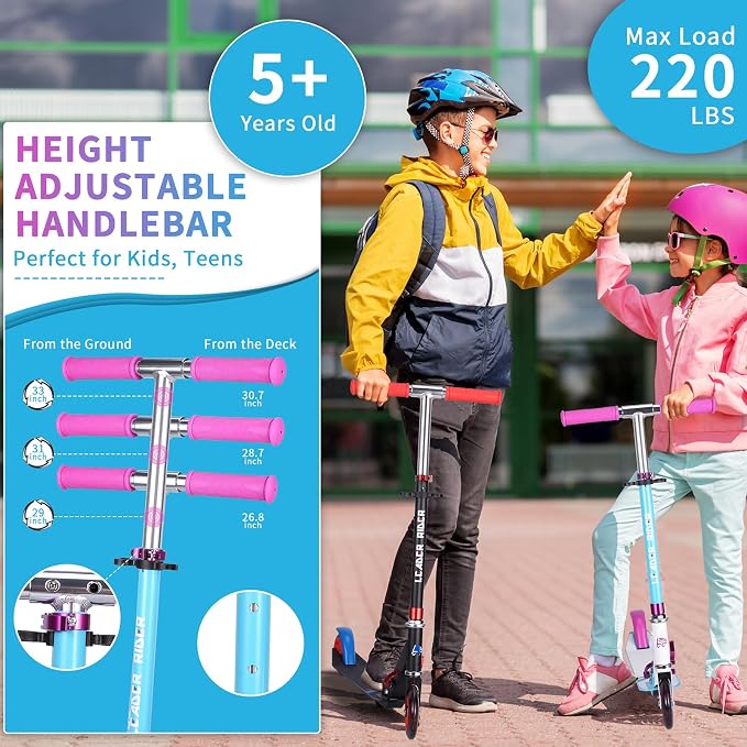Kick Scooter - Collapsible Portable Kids Push Scooter - Lightweight Folding Design with High Visibility RGB Light Up LEDs on Wheels