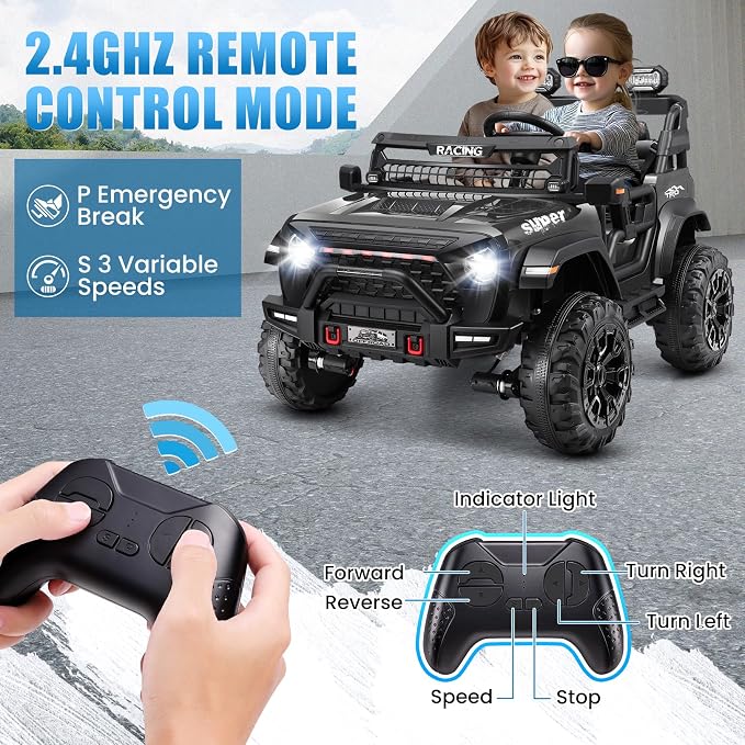 Hikole 24V Ride on Car with Remote Control, 2 Seater Electric Car for Kids w/20 Inch Wide Seat, 4x100W Motor, LED Headlight & Music Player, Power Car Wheels Ride on Toys for Boys Girls, Black