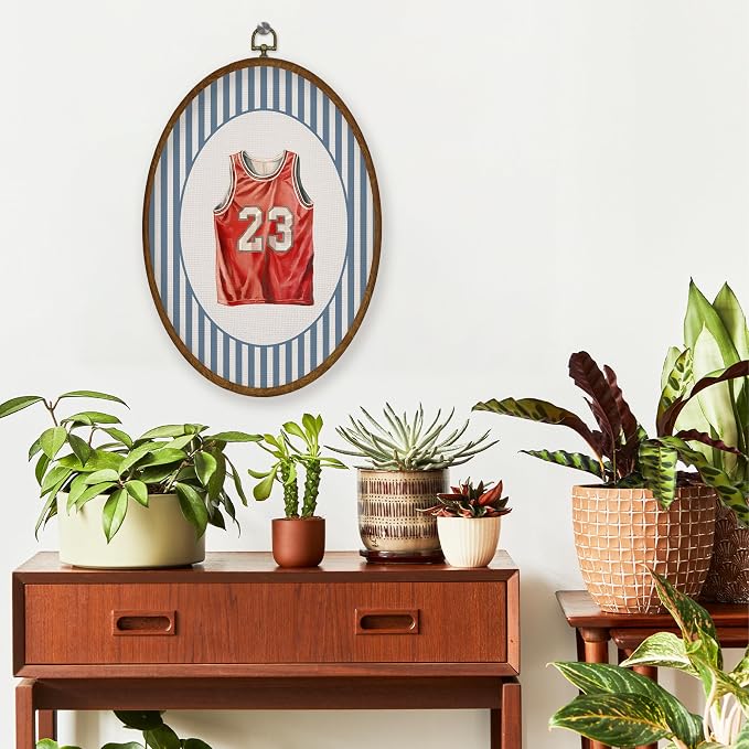 WULQYING Vintage Basketball Jersey Nursery Wall Art Decor, Sports Nursery Oval Framed Canvas Art Prints, Blue Striped Basketball Wall Hanging Decor for Kids Boy Room Bedroom Playroom, 8.6x11.4 Inches