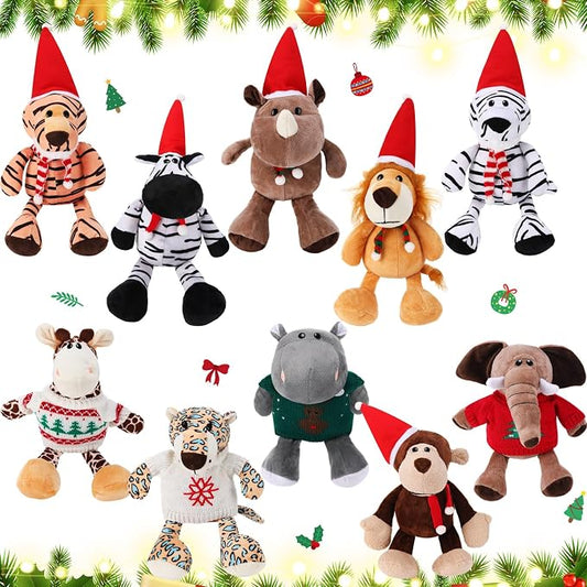 HyDren 10 Pieces 9 Inches Safari Stuffed Animals Set and Elephant Giraffe Lion Tiger Monkey Rhinoceros Zebra Leopard Hippo for Shower Jungle Animal(Christmas)