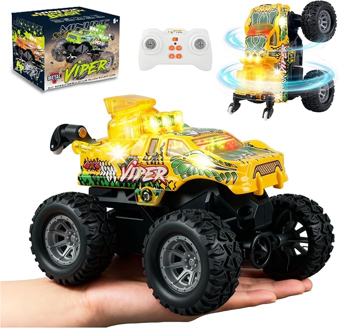 BEZGAR Mini Monster Truck Toys - 2.4GHz 1:64 Remote Control Car with Colorful Lights, 360° Spins, Metal Shell - Remote Control Monster Truck for Boys Girls Age 3, 4, 5, 6, 7, 8 Years Old(Yellow)