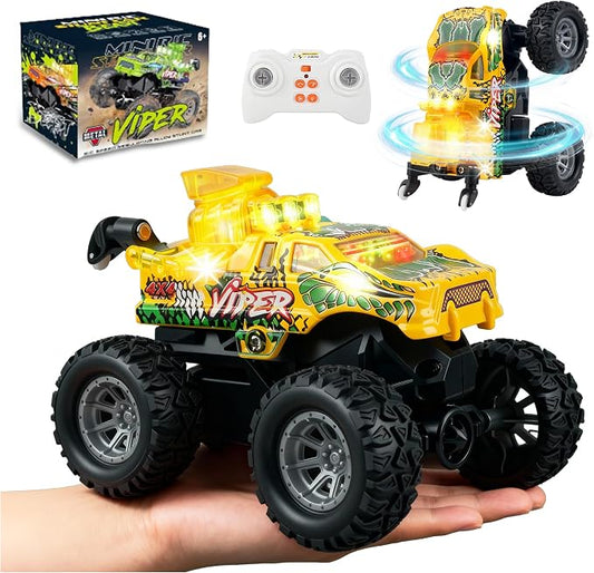 BEZGAR Mini Monster Truck Toys - 2.4GHz 1:64 Remote Control Car with Colorful Lights, 360° Spins, Metal Shell - Remote Control Monster Truck for Boys Girls Age 3, 4, 5, 6, 7, 8 Years Old(Yellow)