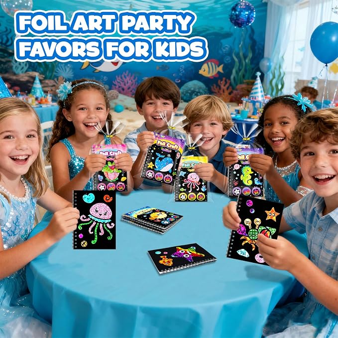 FUNNYB&G Foil Art Party Favors for Kids - 24 Pack Foil Art Crafts Kits Coloring Books, Goodie Bag Stuffers Party Favors for Kids 4-8 8-12, Bulk Birthday Classroom Prizes Girls Boys Gifts (Ocean)