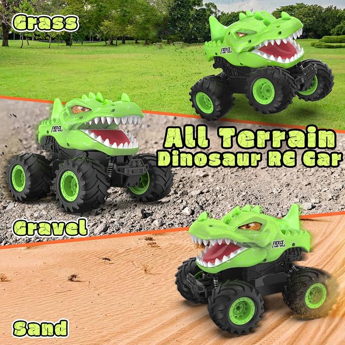 Dinosaur Remote Control Car, 2.4GHz Monster Truck Toys Rechargeable RC Cars 1:24 Scale RC Truck with LED Light Movable Mouth, Dinosaur Cars Toys for Kids Boys 6-8 8-12 Birthday Gift, Green