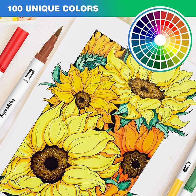 Eglyenlky Markers for Coloring Book Adults Relaxation, Dual Tip Brush Pens with 100 Watercolor Fine Tip Markers and Brush Pens for Kids Coloring